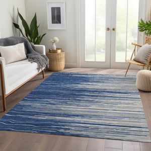 HomeRoots 9' X 12' Navy Blue, Ivory & Gray Striped Washable Area Rug - Durable, UV Protected for Homes with Kids 678394