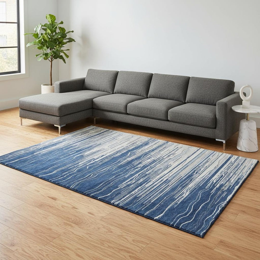 HomeRoots 10' Navy Blue, Ivory & Gray Striped Washable Area Rug – Durable, UV Protected & Stain Resistant! 678395
