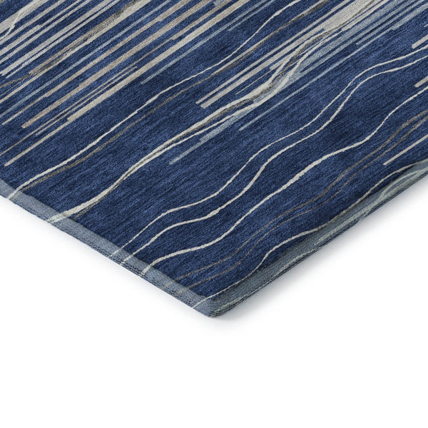 HomeRoots 10' Navy Blue, Ivory & Gray Striped Washable Area Rug – Durable, UV Protected & Stain Resistant! 678395