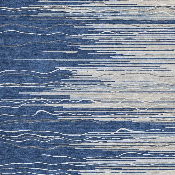 HomeRoots 10' Navy Blue, Ivory & Gray Striped Washable Area Rug – Durable, UV Protected & Stain Resistant! 678395