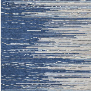 HomeRoots 10' Navy Blue, Ivory & Gray Striped Washable Area Rug – Durable, UV Protected & Stain Resistant! 678395