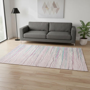 HomeRoots 5' Stylish Pink, Gray & Teal Striped Washable Area Rug - UV Protected, Stain Resistant & Soft! 678397