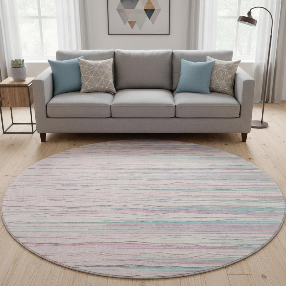 HomeRoots 8' Washable Round Rug in Pink, Gray & Teal Stripes - Durable, UV-Protected, Perfect for High-Traffic Areas 678398