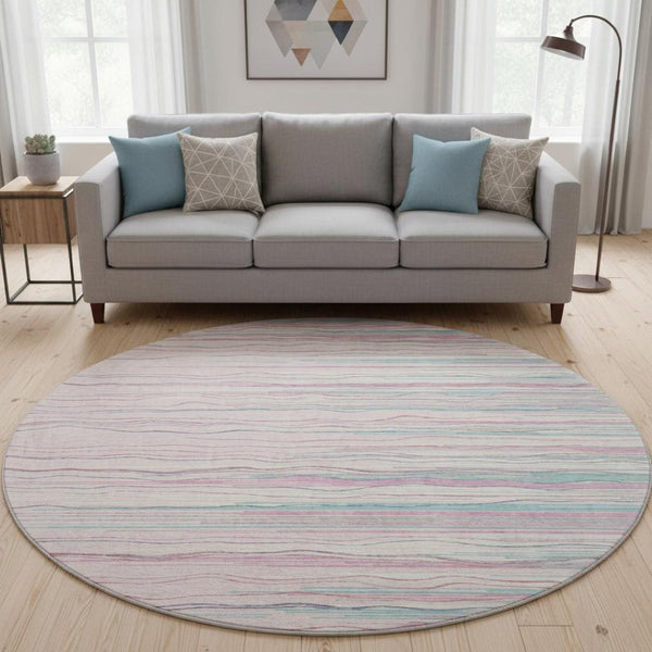 HomeRoots 8' Washable Round Rug in Pink, Gray & Teal Stripes - Durable, UV-Protected, Perfect for High-Traffic Areas 678398