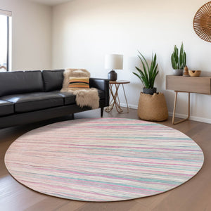 HomeRoots 8' Washable Round Rug in Pink, Gray & Teal Stripes - Durable, UV-Protected, Perfect for High-Traffic Areas 678398