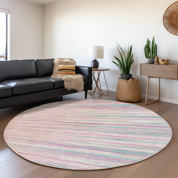 HomeRoots 8' Washable Round Rug in Pink, Gray & Teal Stripes - Durable, UV-Protected, Perfect for High-Traffic Areas 678398