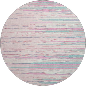 HomeRoots 8' Washable Round Rug in Pink, Gray & Teal Stripes - Durable, UV-Protected, Perfect for High-Traffic Areas 678398