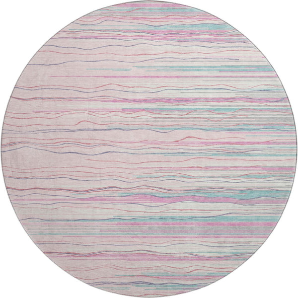HomeRoots 8' Washable Round Rug in Pink, Gray & Teal Stripes - Durable, UV-Protected, Perfect for High-Traffic Areas 678398
