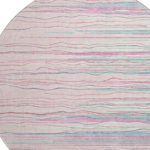HomeRoots 8' Washable Round Rug in Pink, Gray & Teal Stripes - Durable, UV-Protected, Perfect for High-Traffic Areas 678398