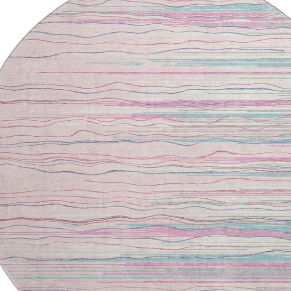 HomeRoots 8' Washable Round Rug in Pink, Gray & Teal Stripes - Durable, UV-Protected, Perfect for High-Traffic Areas 678398