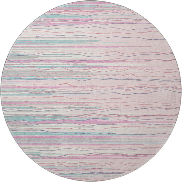 HomeRoots 8' Washable Round Rug in Pink, Gray & Teal Stripes - Durable, UV-Protected, Perfect for High-Traffic Areas 678398