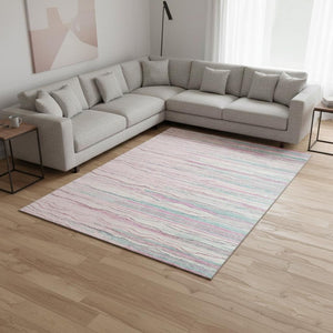 HomeRoots 8' X 10' Stylish Pink, Gray, and Teal Striped Washable Area Rug with UV Protection for Homes 678399