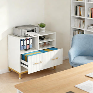 English Elm Practical Gold Frame File Cabinet with Open Shelving and Wood Tone Mdf Panels T3971P449088