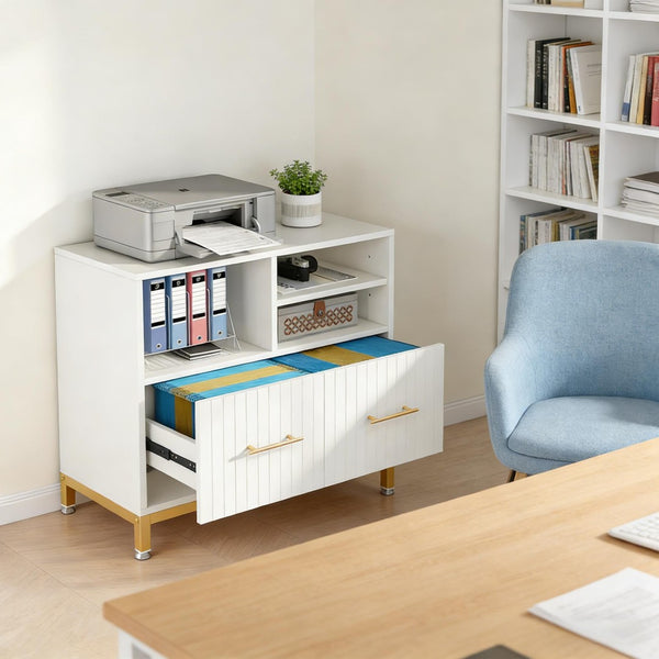 English Elm Practical Gold Frame File Cabinet with Open Shelving and Wood Tone Mdf Panels T3971P449088