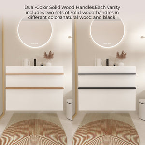 English Elm VELA 36 Inch Wall Mounted Bathroom Vanity with Integrated Acrylic Sink, Dual Wood Handles, Soft-Close Drawers, Matte Finish White W3235P327598