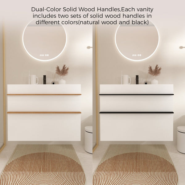 English Elm VELA 36 Inch Wall Mounted Bathroom Vanity with Integrated Acrylic Sink, Dual Wood Handles, Soft-Close Drawers, Matte Finish White W3235P327598