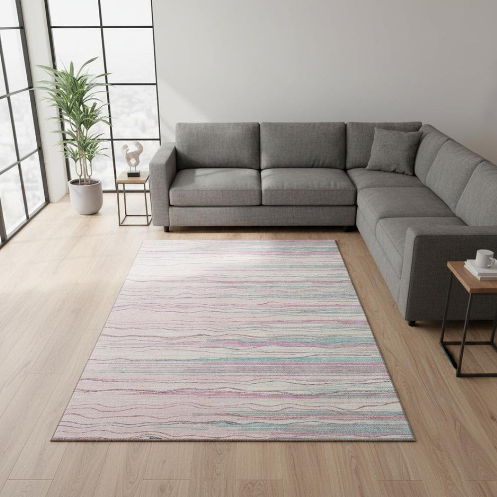 HomeRoots 9' X 12' Striped Pink, Gray, and Teal Washable Area Rug with UV Protection for Family Spaces 678400