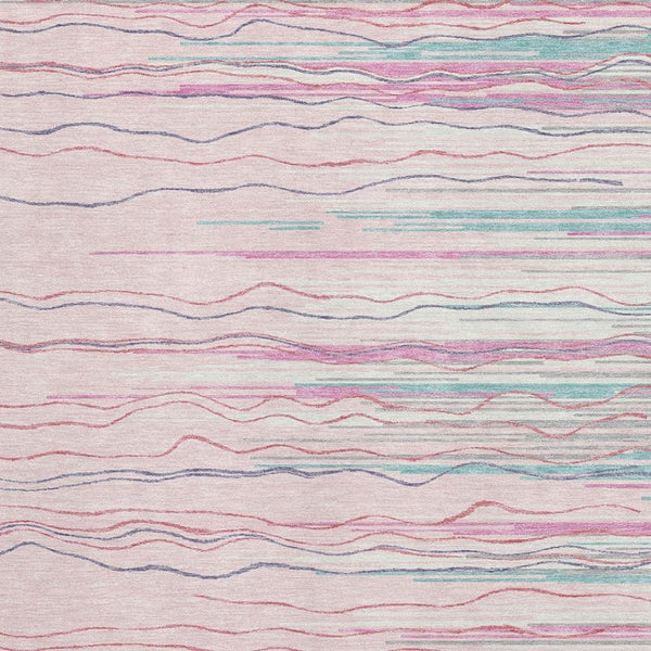 HomeRoots 9' X 12' Striped Pink, Gray, and Teal Washable Area Rug with UV Protection for Family Spaces 678400