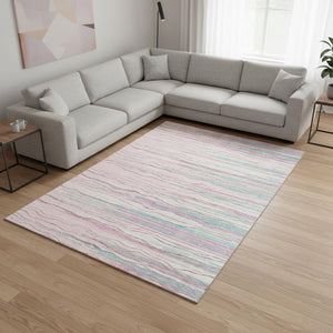 HomeRoots 10' X 14' Washable Pink, Gray & Teal Striped Area Rug with UV Protection for Busy Homes & Kids 678401