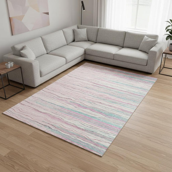 HomeRoots 10' X 14' Washable Pink, Gray & Teal Striped Area Rug with UV Protection for Busy Homes & Kids 678401