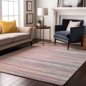 HomeRoots 10' X 14' Washable Pink, Gray & Teal Striped Area Rug with UV Protection for Busy Homes & Kids 678401