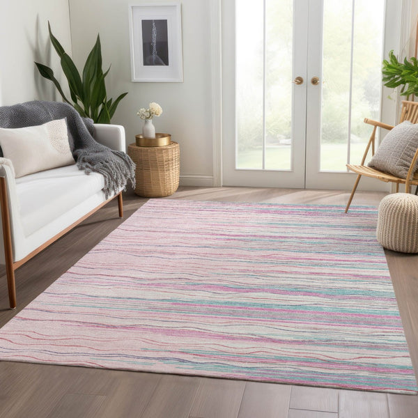 HomeRoots 10' X 14' Washable Pink, Gray & Teal Striped Area Rug with UV Protection for Busy Homes & Kids 678401