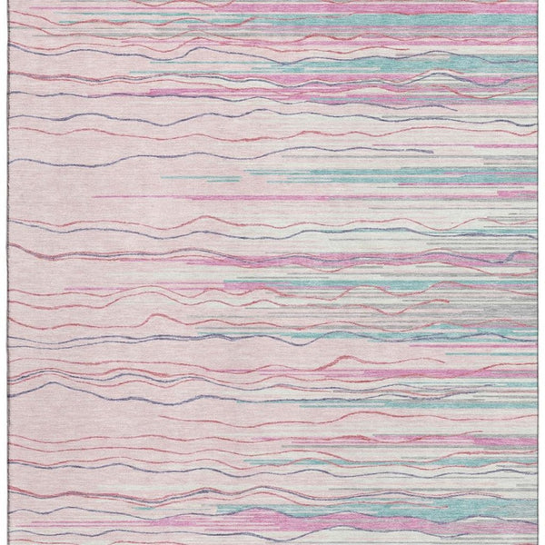 HomeRoots 10' X 14' Washable Pink, Gray & Teal Striped Area Rug with UV Protection for Busy Homes & Kids 678401