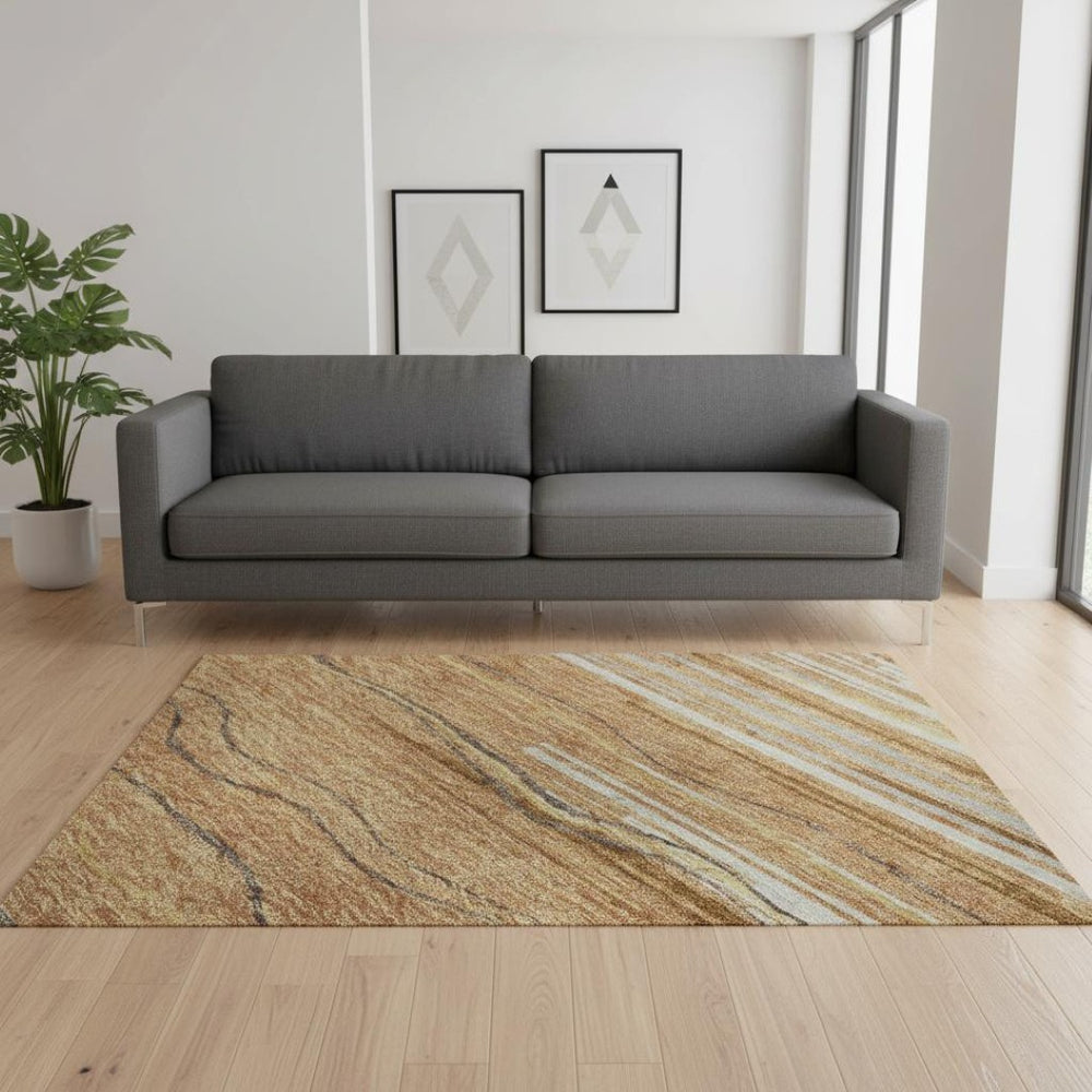HomeRoots 5' X 8' Washable Area Rug in Rust, Ivory & Gold Stripes - UV Protected, Stain Resistant, Durable Design 678403