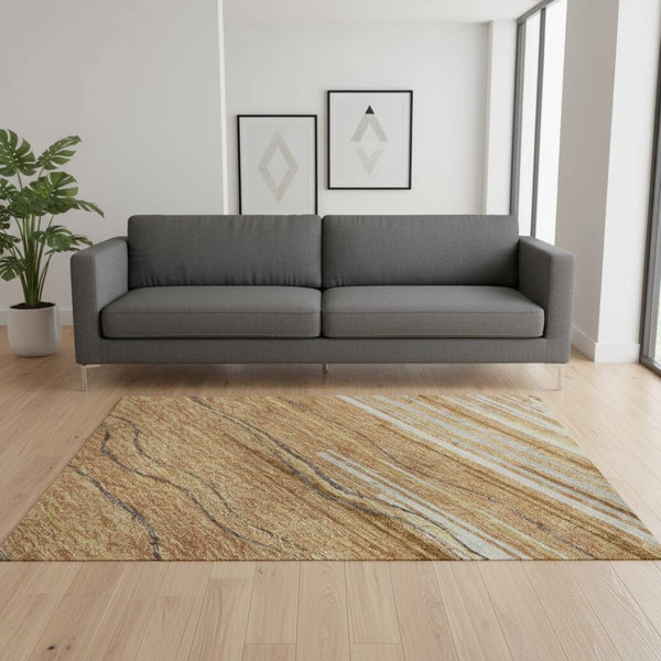 HomeRoots 5' X 8' Washable Area Rug in Rust, Ivory & Gold Stripes - UV Protected, Stain Resistant, Durable Design 678403