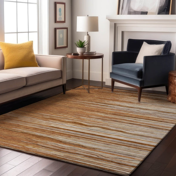 HomeRoots 5' X 8' Washable Area Rug in Rust, Ivory & Gold Stripes - UV Protected, Stain Resistant, Durable Design 678403