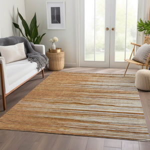 HomeRoots 5' X 8' Washable Area Rug in Rust, Ivory & Gold Stripes - UV Protected, Stain Resistant, Durable Design 678403