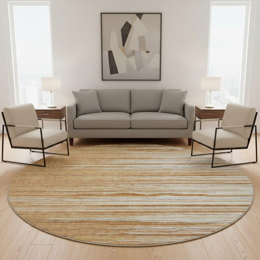 HomeRoots 8' Washable Round Rug in Rust, Ivory & Gold Stripes – UV Protected, Stain Resistant, Durable Design 678404