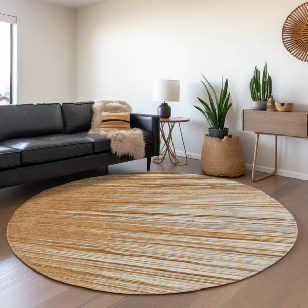 HomeRoots 8' Washable Round Rug in Rust, Ivory & Gold Stripes – UV Protected, Stain Resistant, Durable Design 678404