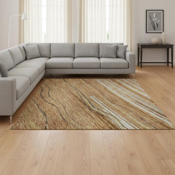 HomeRoots 8' X 10' Washable Area Rug with Rust, Ivory & Gold Stripes - Durable, UV-Protected for High-Traffic Homes 678405