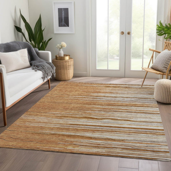 HomeRoots 8' X 10' Washable Area Rug with Rust, Ivory & Gold Stripes - Durable, UV-Protected for High-Traffic Homes 678405