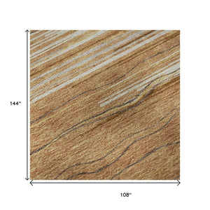 HomeRoots 9' X 12' Washable Rust Ivory Gold Striped Area Rug – Durable, UV Protected, Family-Friendly Design 678406