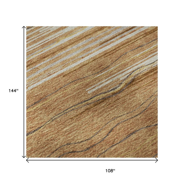 HomeRoots 9' X 12' Washable Rust Ivory Gold Striped Area Rug – Durable, UV Protected, Family-Friendly Design 678406