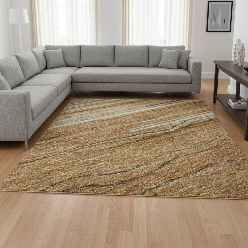 HomeRoots 9' X 12' Washable Rust Ivory Gold Striped Area Rug – Durable, UV Protected, Family-Friendly Design 678406