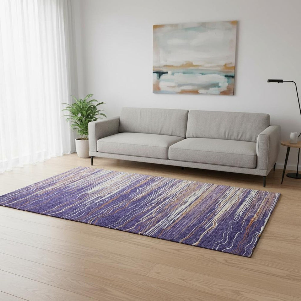 HomeRoots 5' X 8' Washable Striped Area Rug in Purple, Orange & Ivory – UV Resistant & Stain-Resistant Design! 678409