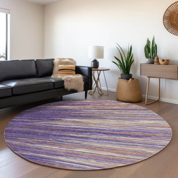 HomeRoots 8' Striped Washable Round Rug in Purple, Orange & Ivory - UV Protected, Durable & Easy Care Design 678410