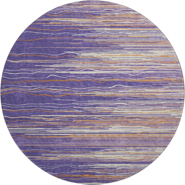 HomeRoots 8' Striped Washable Round Rug in Purple, Orange & Ivory - UV Protected, Durable & Easy Care Design 678410