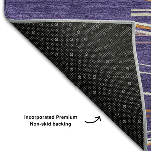 HomeRoots 8' Striped Washable Round Rug in Purple, Orange & Ivory - UV Protected, Durable & Easy Care Design 678410