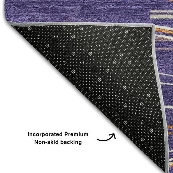 HomeRoots 8' Striped Washable Round Rug in Purple, Orange & Ivory - UV Protected, Durable & Easy Care Design 678410