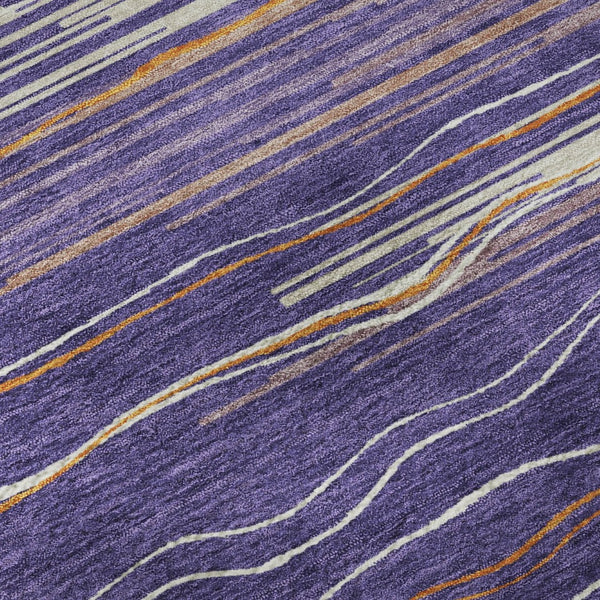 HomeRoots 8' Striped Washable Round Rug in Purple, Orange & Ivory - UV Protected, Durable & Easy Care Design 678410