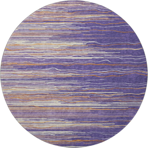 HomeRoots 8' Striped Washable Round Rug in Purple, Orange & Ivory - UV Protected, Durable & Easy Care Design 678410