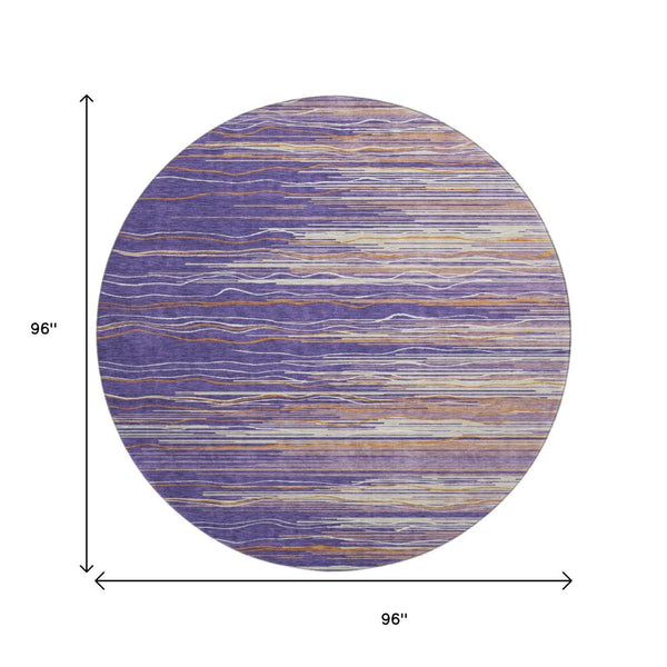 HomeRoots 8' Striped Washable Round Rug in Purple, Orange & Ivory - UV Protected, Durable & Easy Care Design 678410