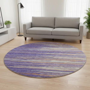 HomeRoots 8' Striped Washable Round Rug in Purple, Orange & Ivory - UV Protected, Durable & Easy Care Design 678410