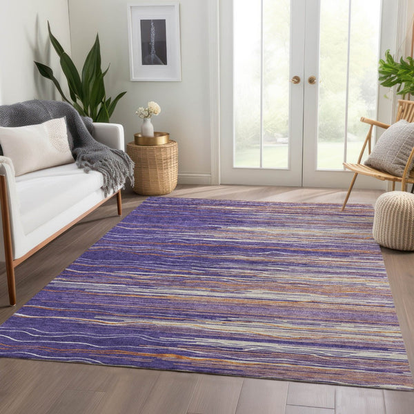 HomeRoots 9' X 12' Washable Striped Area Rug in Purple, Orange & Ivory – UV Protected, Stain Resistant & Durable! 678412