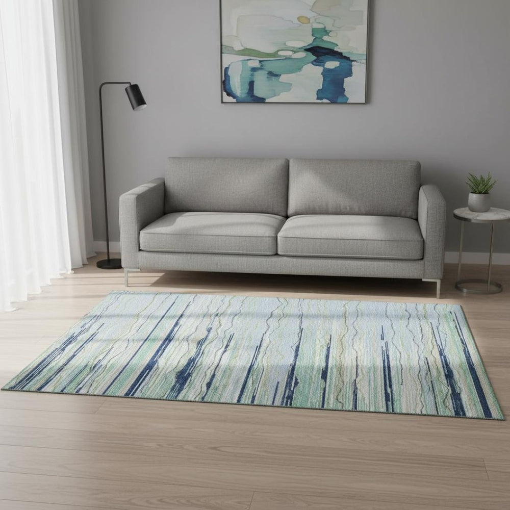 HomeRoots 5' Sky Blue, Olive Green & Ivory Striped Washable Area Rug - UV Protected, Soft & Durable Design 678415