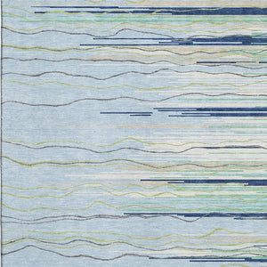 HomeRoots 5' Sky Blue, Olive Green & Ivory Striped Washable Area Rug - UV Protected, Soft & Durable Design 678415